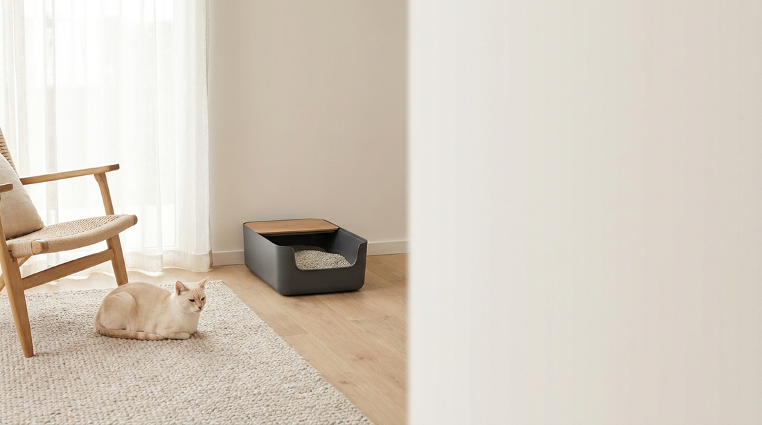 Ferah bir odada halıda dinlenen kedi ve bentonit kedi kumu dolu modern tuvalet kabı — bentonit kedi kumu zararlı mı konulu Kumi Cat rehberi.