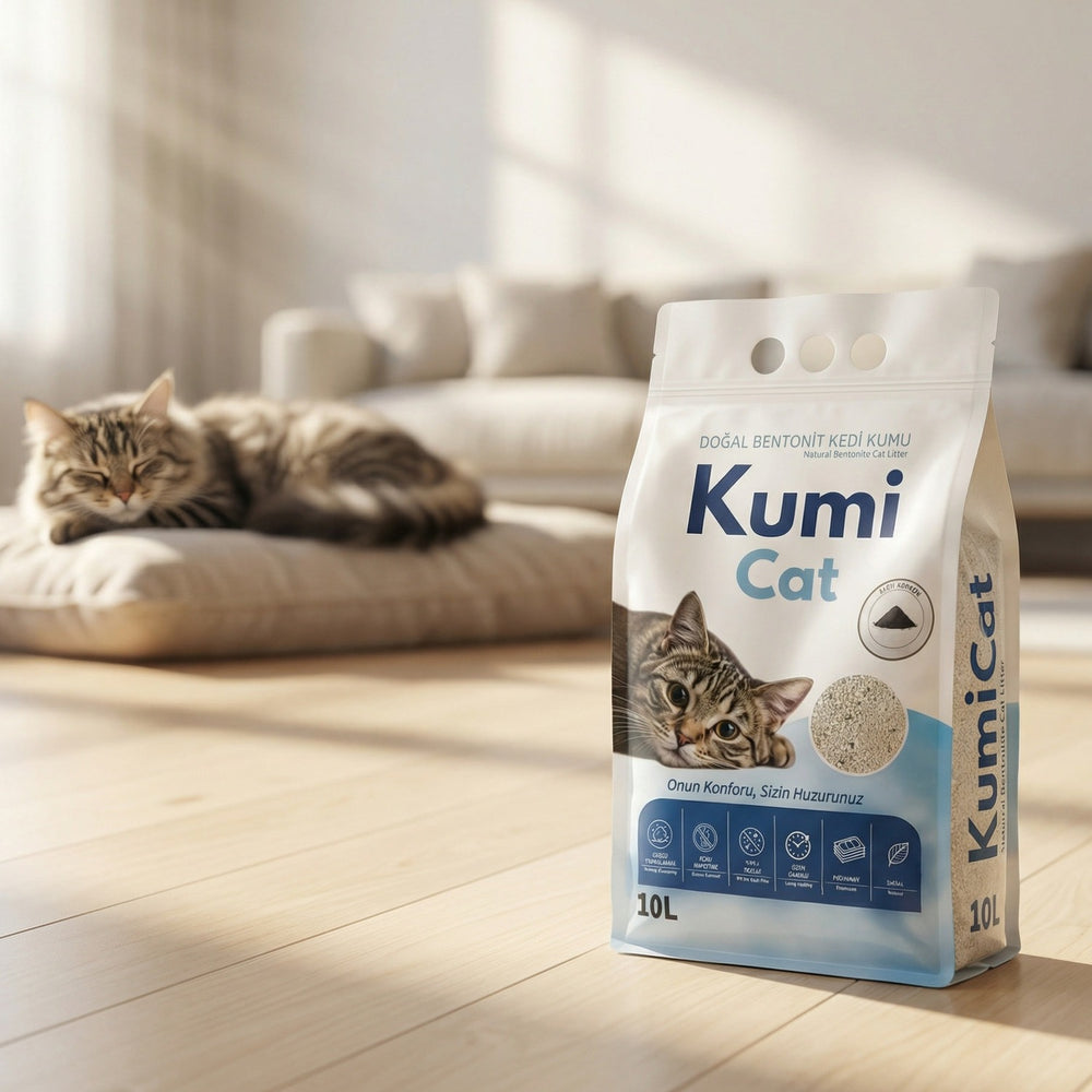 Kumi Cat Aktif Karbonlu Bentonit Kedi Kumu 10 L, yaşam alanında paket ve arka planda uyuyan kedi